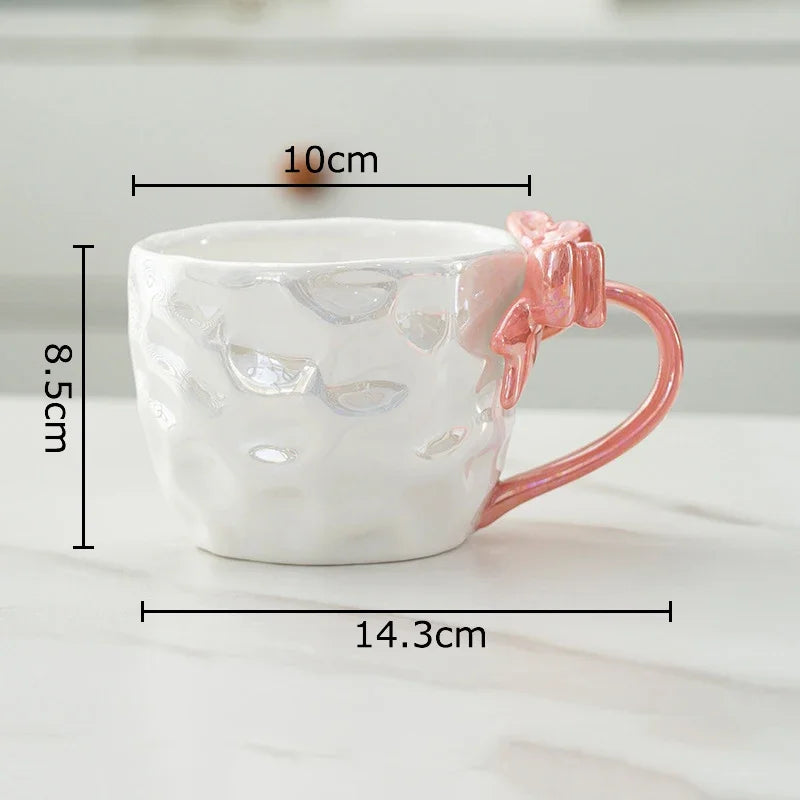 Afralia™ Bowknot Handle Porcelain Coffee Mug Set - Pearl Glazed Tea Cup Juice Cup