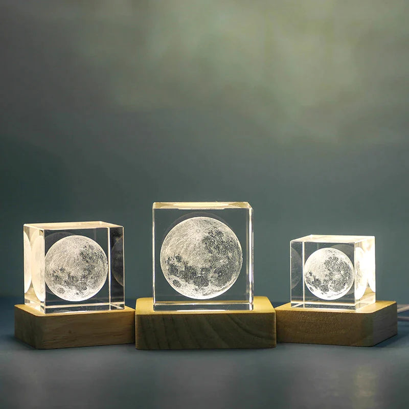 Afralia™ 3D Moon Solar Galaxy Crystal Glass Cube Night Light Desktop Decor