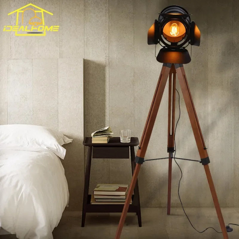Afralia™ Vintage Industrial Wood Floor Lamp LED E27 Adjustable Exploration Standing Lamp