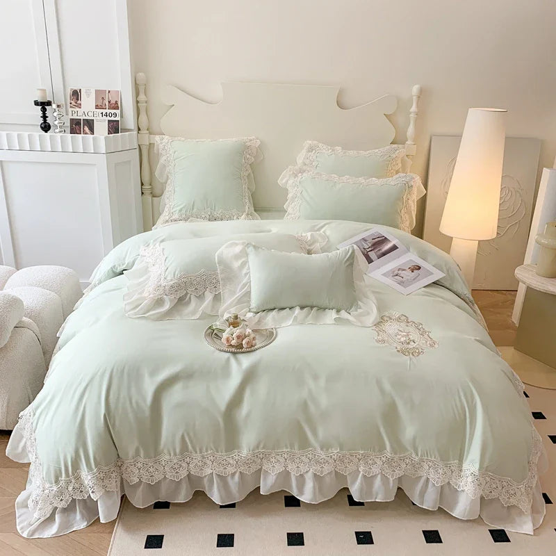 Afralia™ Matcha Green French Chiffon Lace Queen Bedding Set with Ruffles & Embroidery