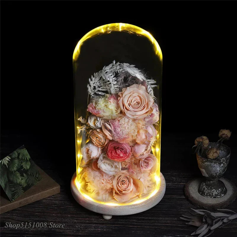 Afralia™ Glass Dome Night Light with Dry Flower Ornaments on Wood Base