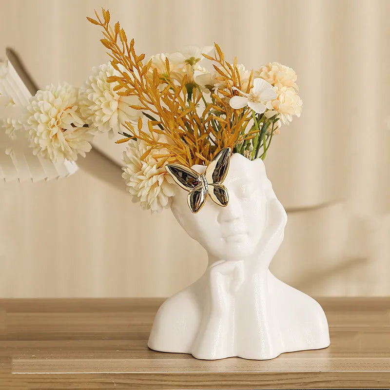 Afralia™ Ceramic Human Face Vase for Floral Arrangement and Home Decor