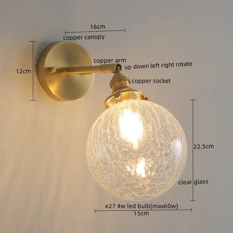 Afralia™ Copper Glass Knob Switch LED Wall Light, Nordic Modern Bedside Lamp