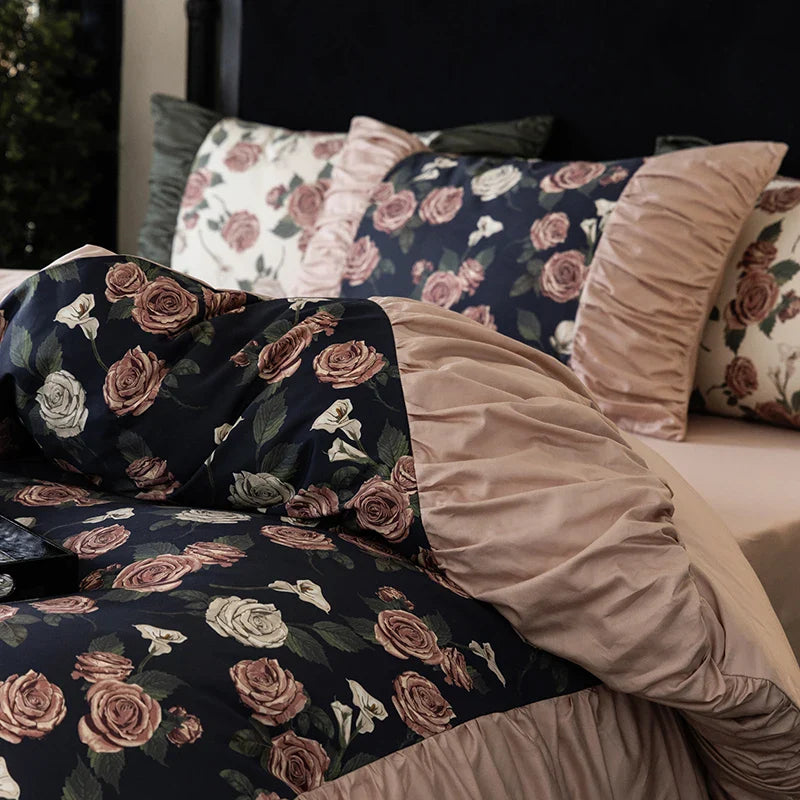 Afralia™ Vintage Rose Print Ruffles Bedding Set: 800TC Egyptian Cotton, Duvet Cover, Sheet, Pillowcases