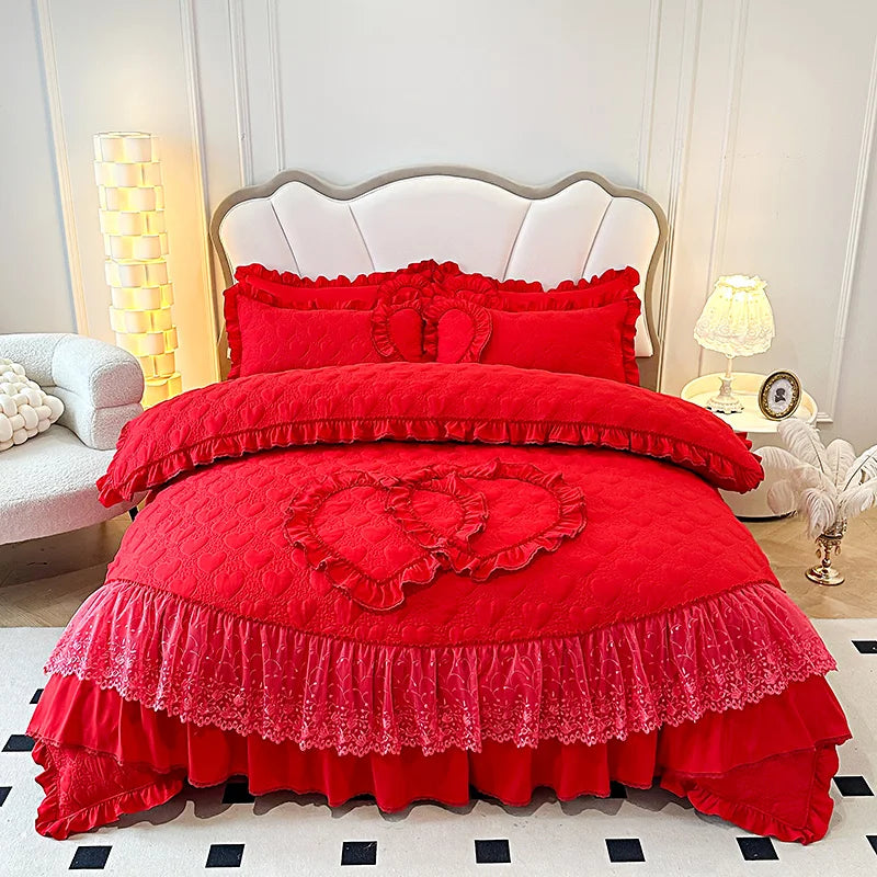 Afralia™ Korean Princess Style Bedding Set with Lace Ruffles and Love Theme