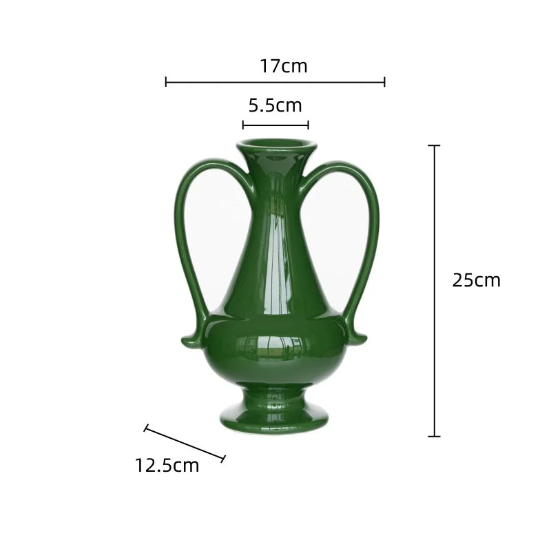 Afralia™ Green Ceramic Vase Double-eared Vintage Bottle Flower Arrangement Home Decor
