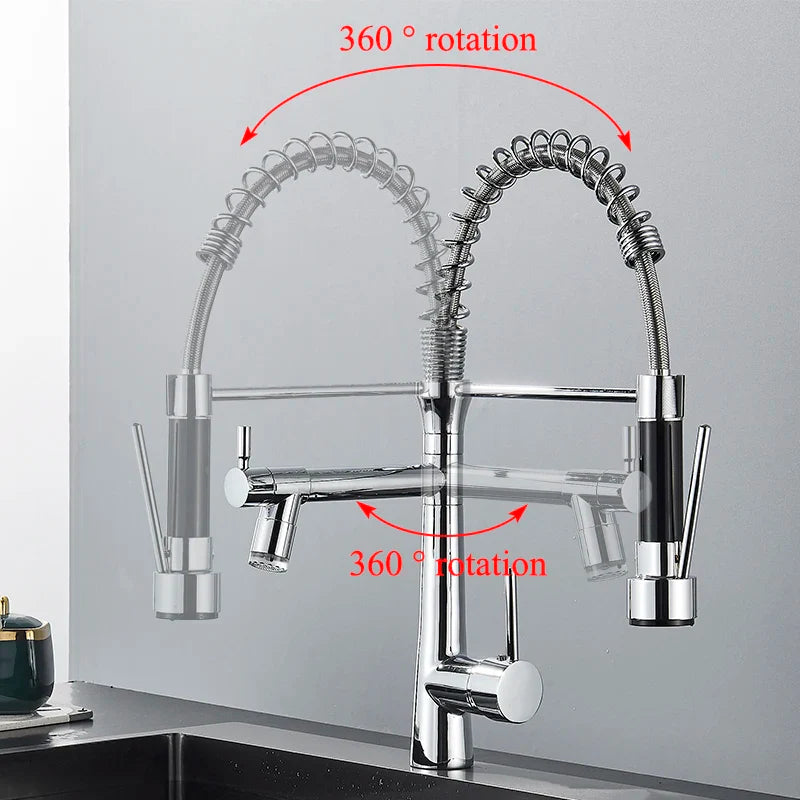 Afralia™ Dual Nozzle Gourmet Kitchen Faucet | Pull-Down, 360° Rotation, Chrome Mixer