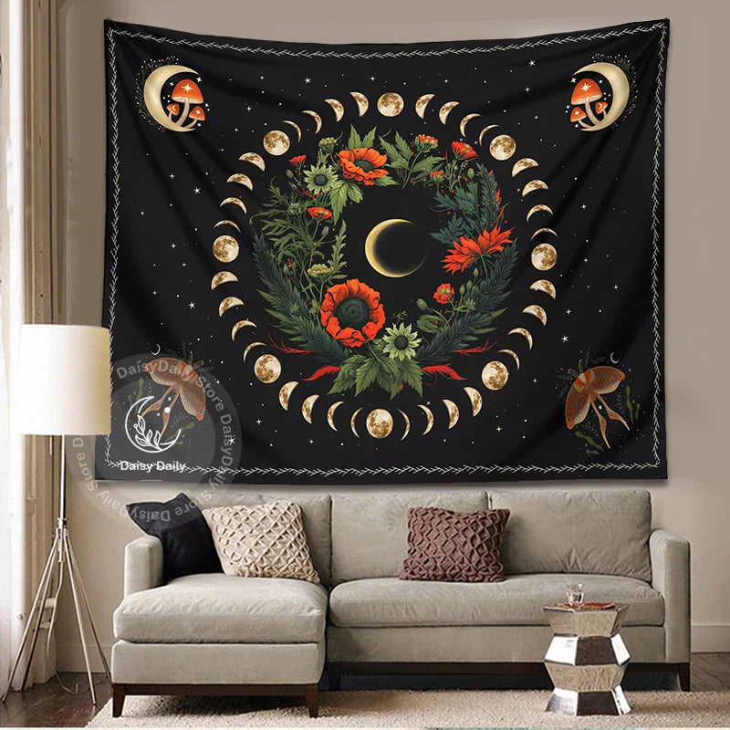 Afralia™ Moon Phase Flower Moth Tapestry: Psychedelic Floral Boho Wall Decor