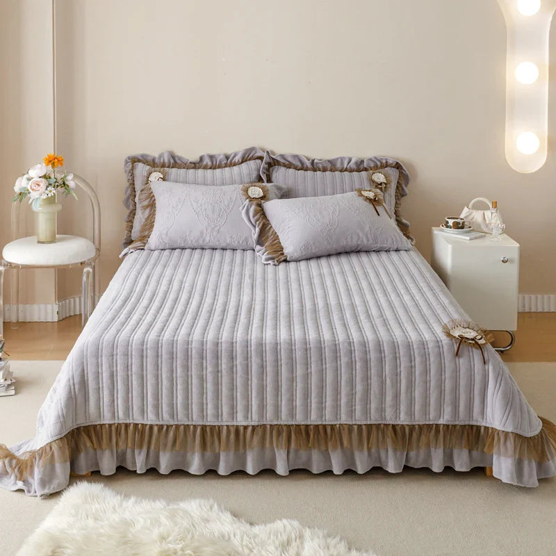 Afralia™ Velvet Lace Ruffles Quilted Bedding Set with Pillowcases