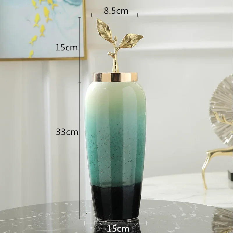 Afralia™ Gradient Ceramic Vase with Golden Leaves Cover for Modern Home Decor and Weddings