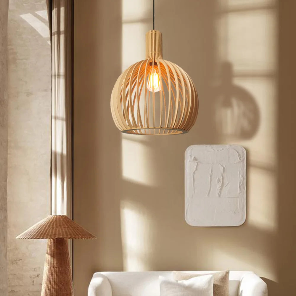 Afralia™ Wooden Bird Cage Pendant Lamp - Nordic Ceiling Hanging Light for Dining Room