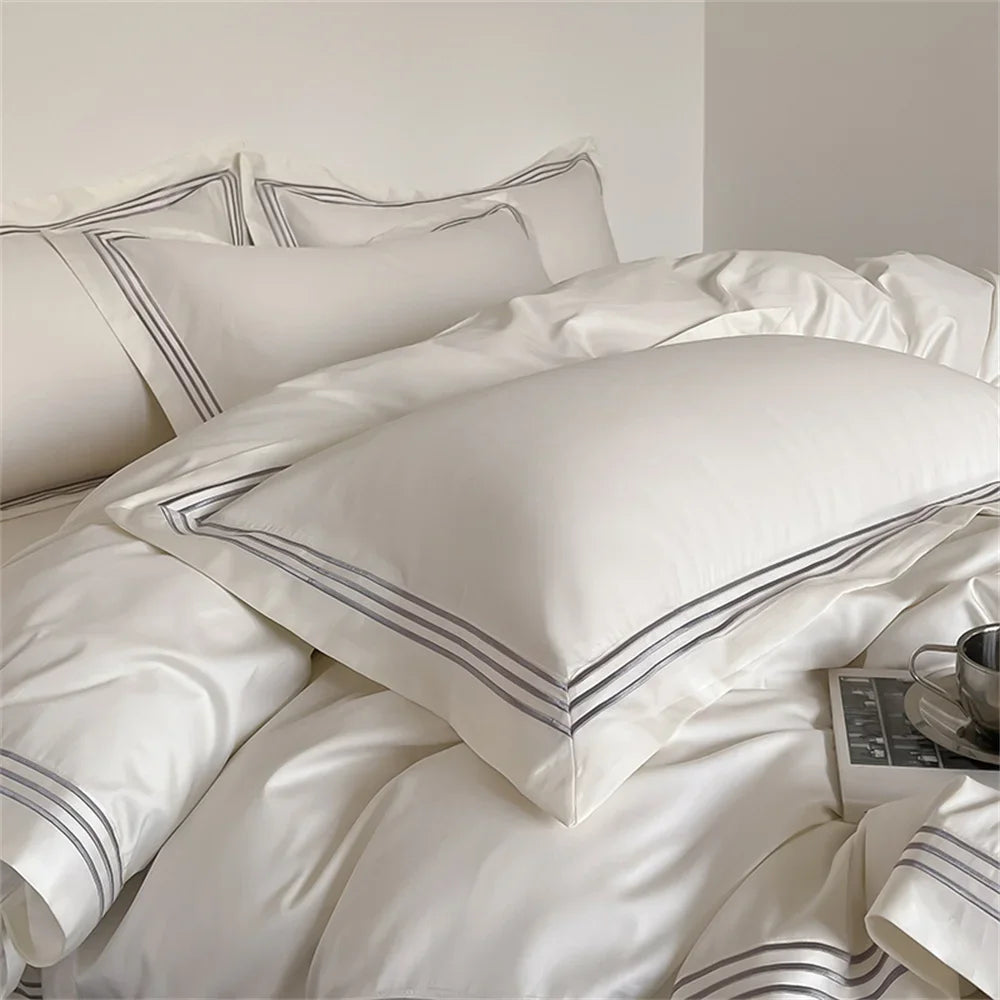 Afralia™ 1200TC Embroidered Egyptian Cotton Bedding Set - 4pcs King Queen Solid Sheets