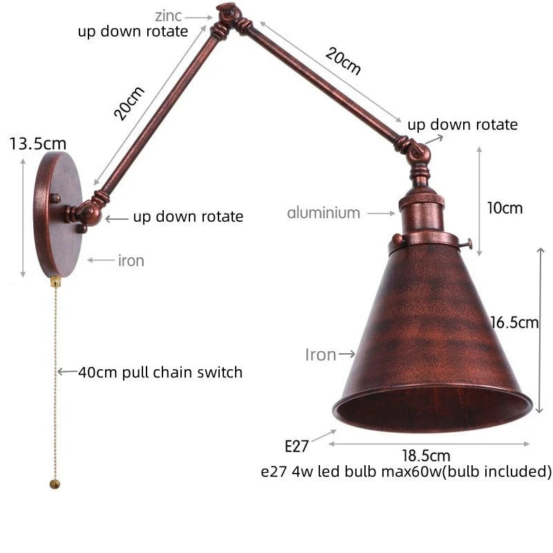 Afralia™ LED Long Arm Wall Lamp with Pull Chain Switch for Home Hotel Bathroom