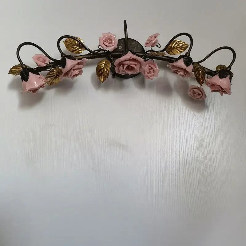 Afralia™ Pink Rose Decorative Wall Lamp Bedhead Retro Floral Bathroom Mirror Light