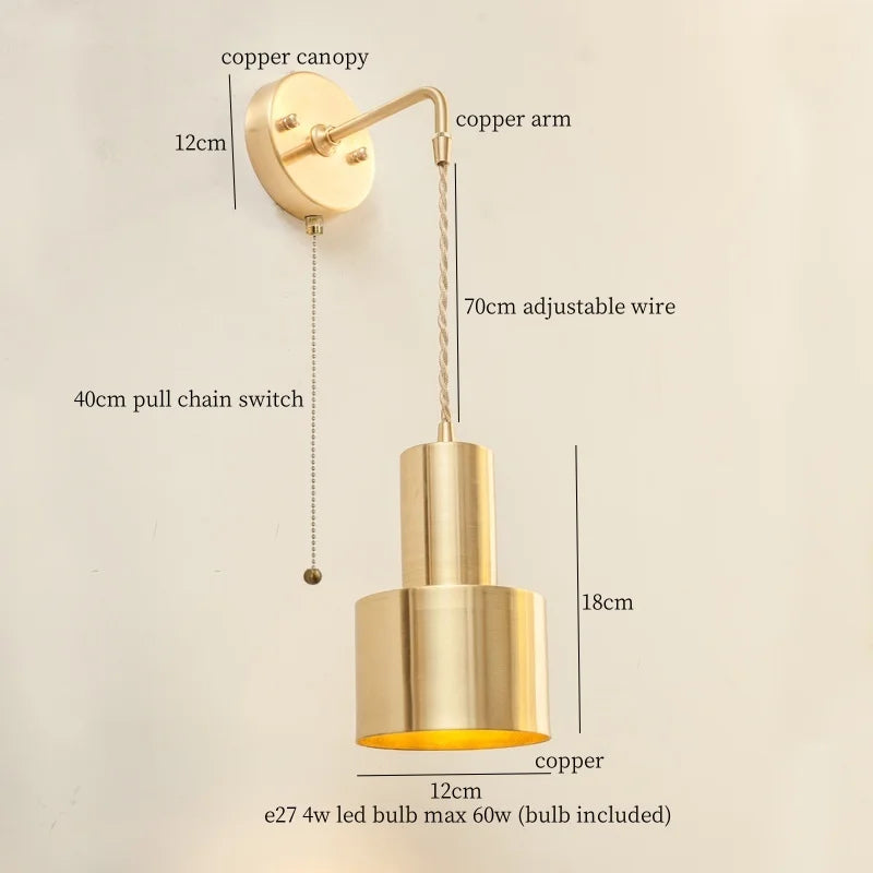 Afralia™ Nordic Copper LED Wall Lamp Pull Chain Switch Wandlamp