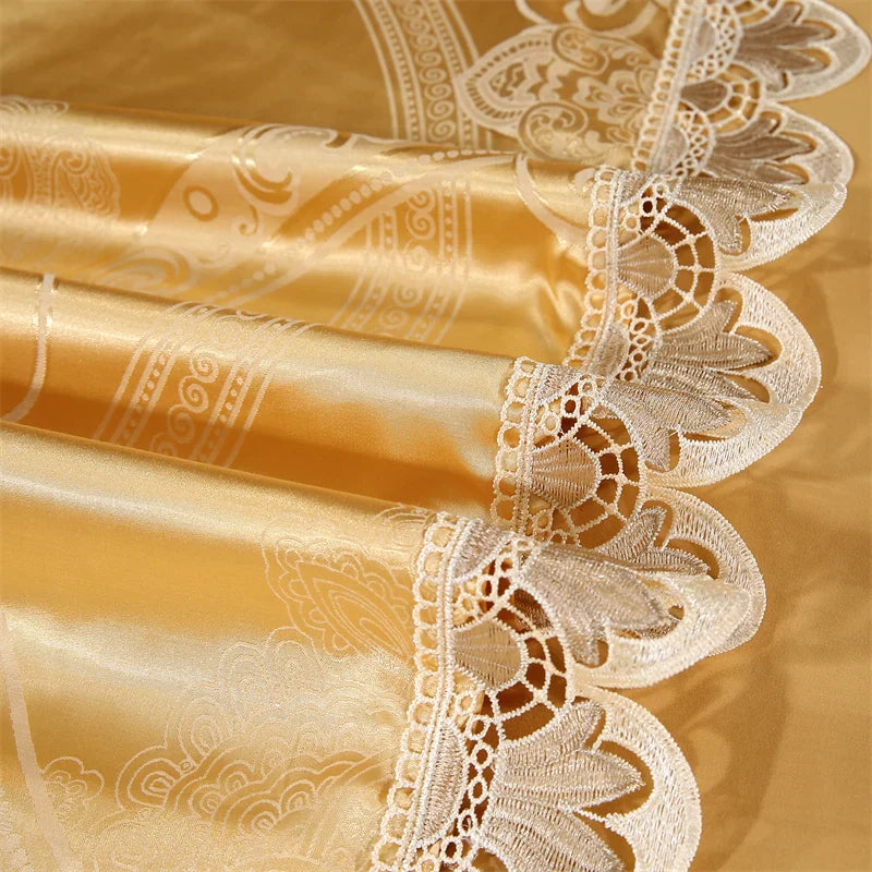 Afralia™ Golden Jacquard Cotton Lace Bedding Set - Silky Soft Duvet Cover, Flat Sheet, Pillowcase