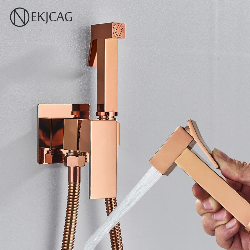 Afralia™ Rose Gold Bidet Faucet with Hot and Cold Mixer for Bathroom Handheld Spray Gun