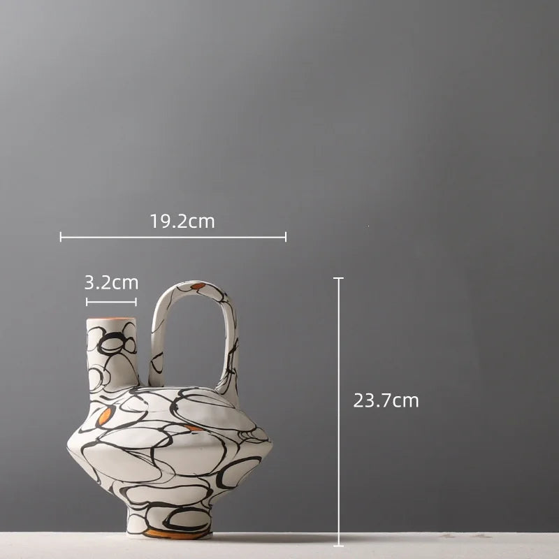 Afralia™ Geometric Graffiti Ceramic Vase with Handles for Home Decor and Floral Arrangements.