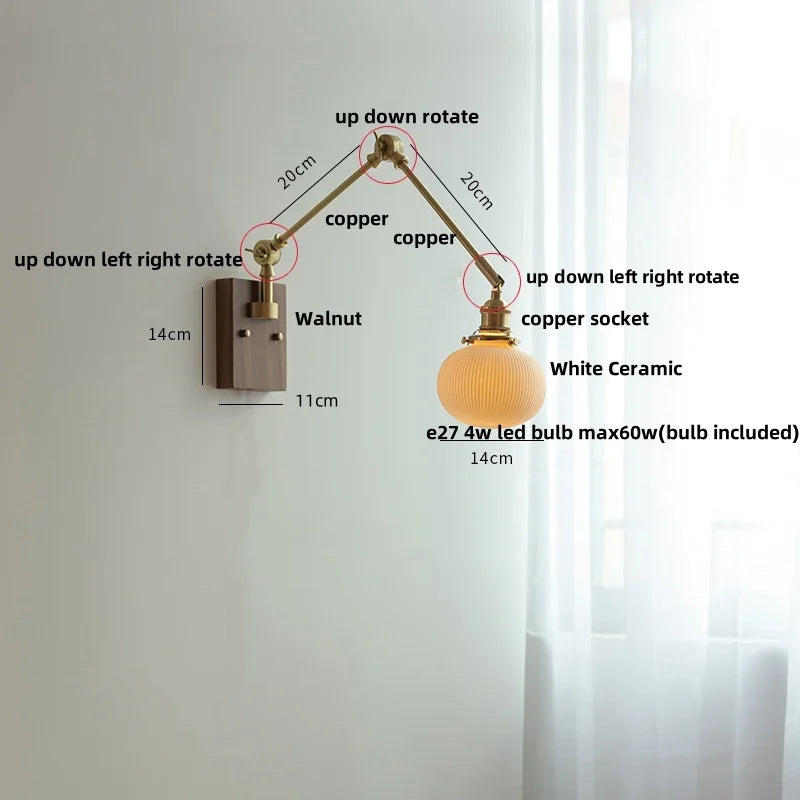 Afralia™ Rotatable 2 Swing Arms LED Wall Lamps, Walnut Wood Nordic Modern Ceramic Stair Light