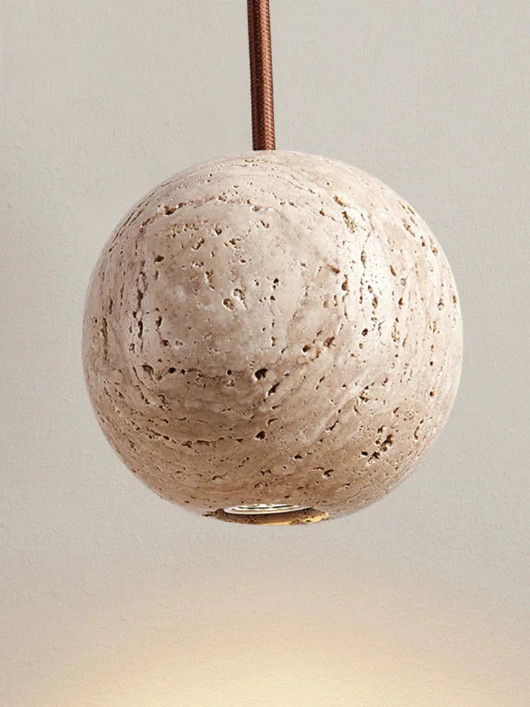 Afralia™ Stone Yellow Travertine Pendant Chandelier - Small Round Nordic Bedroom Lighting