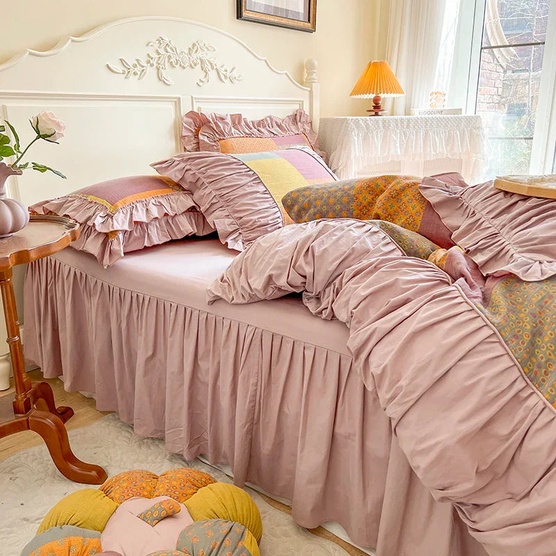 Afralia™ Vintage Cotton Double Layer Bedding Set with Ruffles & Pleat Details