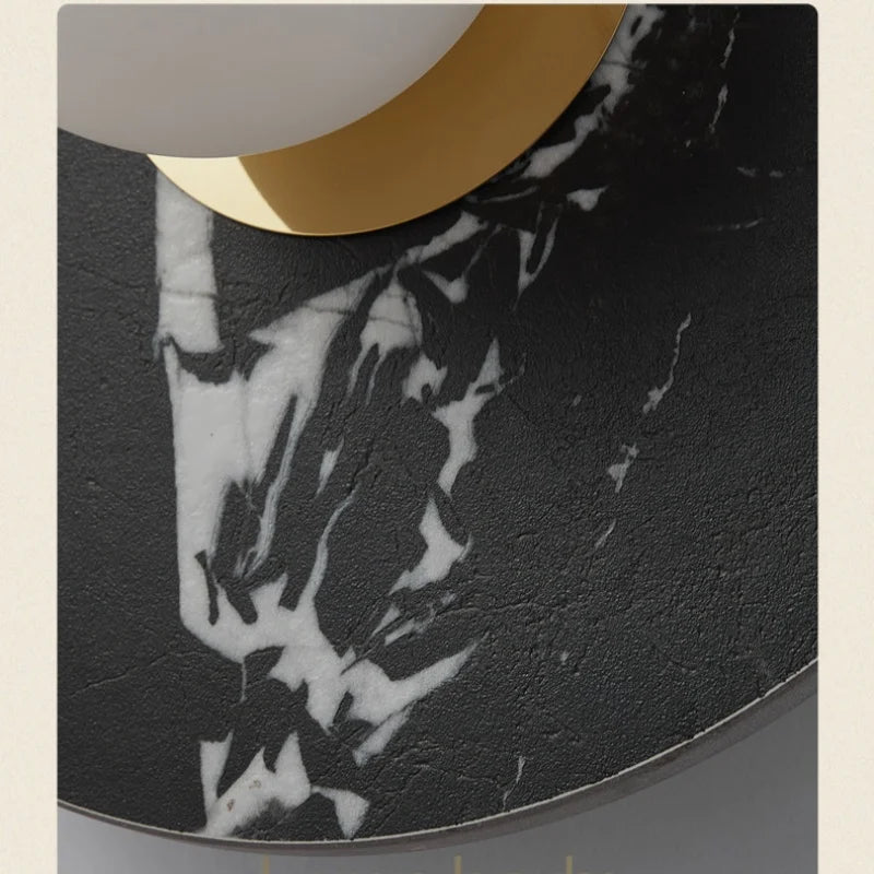 Afralia™ Round Black Iron LED Wall Lamp Bulgari Marble White Glass Stair Light