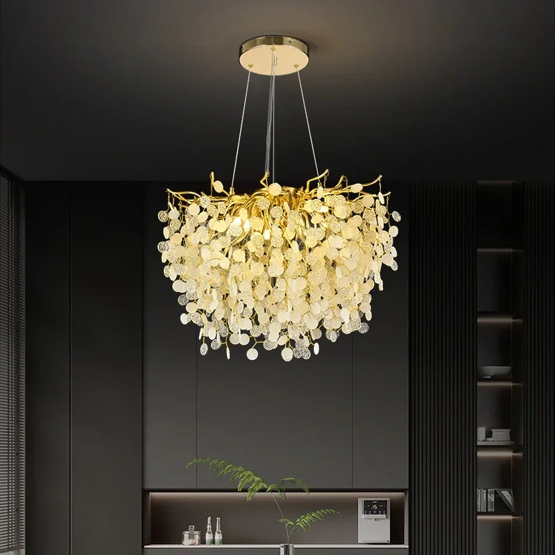 Afralia™ Golden Dendrite Crystal LED Ceiling Chandelier - Luxe Living Room Lighting