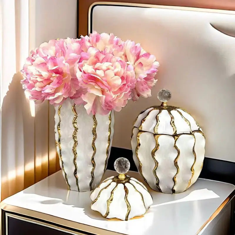 Afralia™ Golden Checkmate Ceramic Pot Vase Wavy Gilt Storage Tank