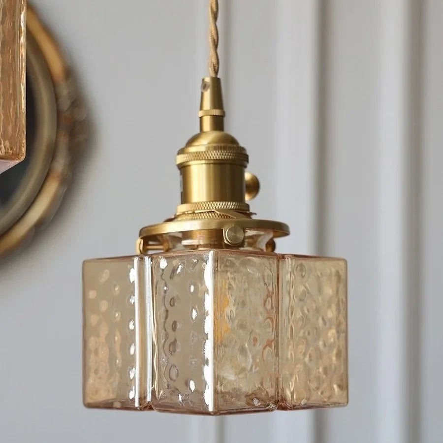 Afralia™ Cube Amber Glass LED Pendant Lamp | Modern Hanging Light Fixtures
