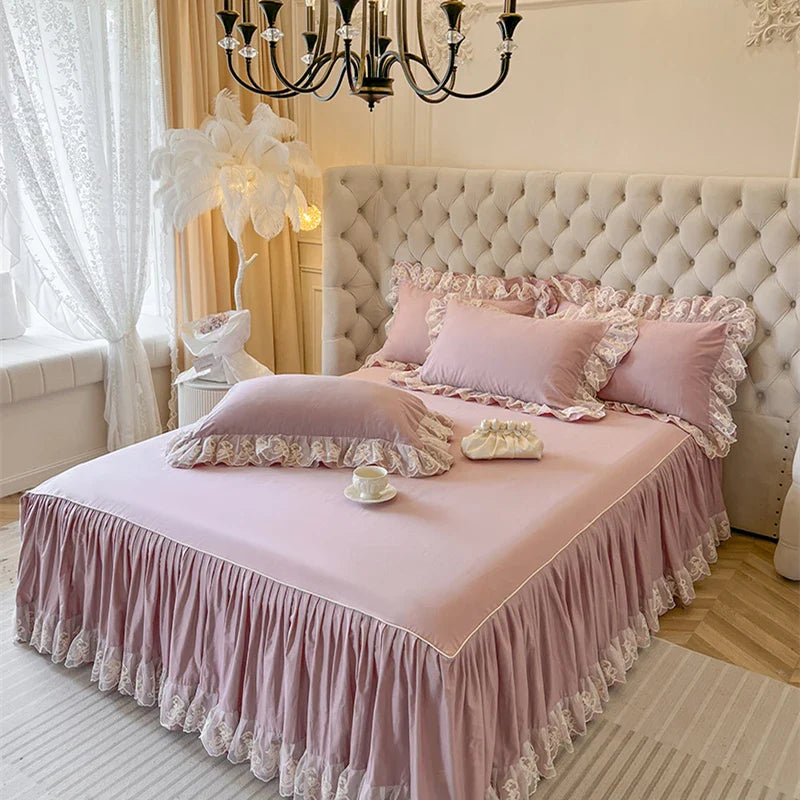 Afralia™ Korean Princess Lace Ruffles Bedding Set in Bean Paste Pink