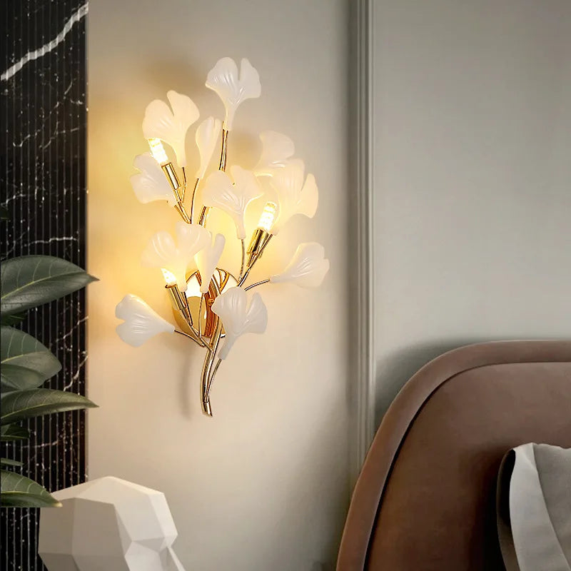 Afralia™ Leaf Ceramic LED Wall Sconce, Romantic Bedroom Lamp, Gold Metal Art Decor