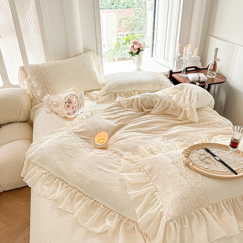 Afralia™ Velvet Fleece Lace Ruffles Bedding Set, French Palace Patchwork, Queen & King Sizes
