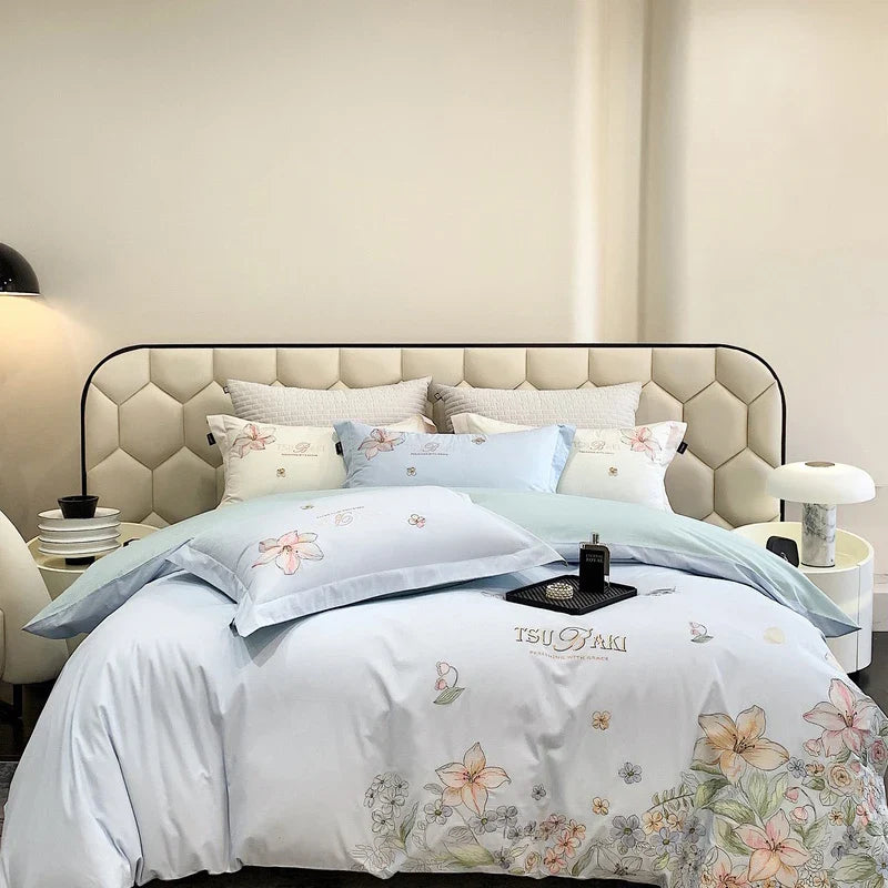 Afralia™ Flowers Embroidery 100% Egyptian Cotton Bedding Set, White/Pink