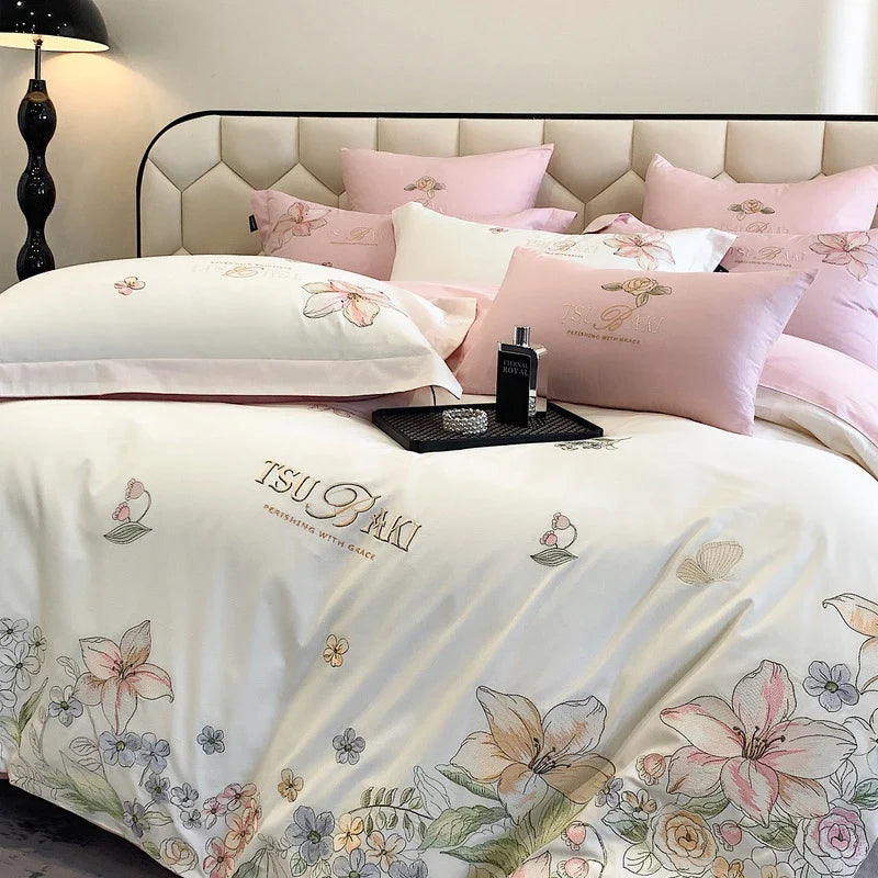 Afralia™ Flowers Embroidery 100% Egyptian Cotton Bedding Set, White/Pink