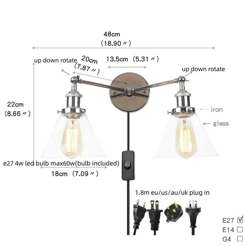 Afralia™ Retro LED Wall Light with Pull Chain Switch, 2 Heads Sconce for Living Room