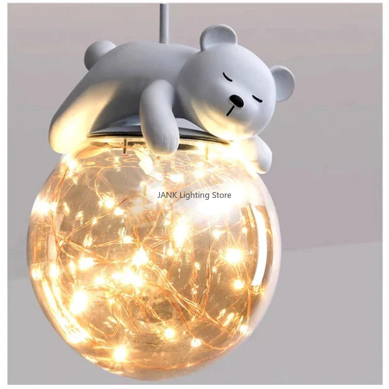 Afralia™ Kids Room LED Chandeliers White Bear Bunny Pendant Light Glass Bedside Lamp