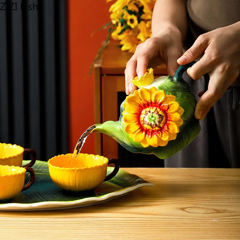 Afralia™ Sunflower Tea Set with Tray, Teapot, Teacup, and Artificial Yellow Flower