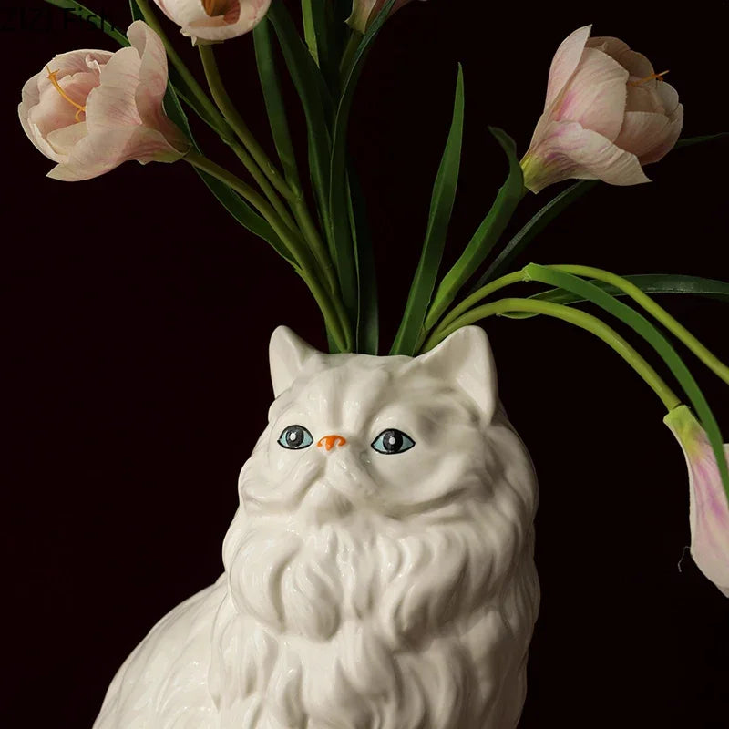 Afralia™ Ceramic White Cat Vase for Desk Decor and Artificial Flowers Arrangement