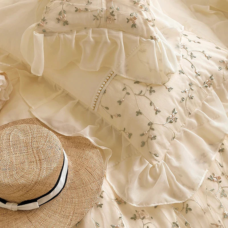 Afralia™ French Princess Floral Lace Ruffles Bedding Set with Imitation Pearls