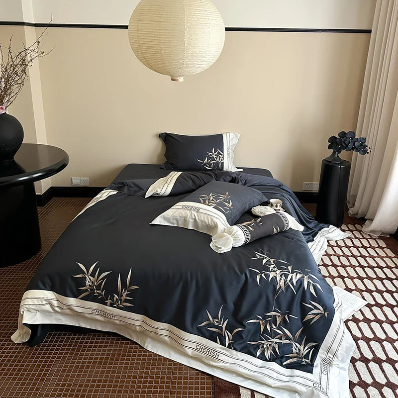 Afralia™ Bamboo Embroidery 1000TC Egyptian Cotton Bedding Set in Luxury Dark Blue