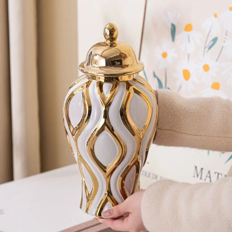 Afralia™ Geometric Pattern Golden Porcelain Ginger Jar Vase - Home Decoration Ceramic Craft Ornament