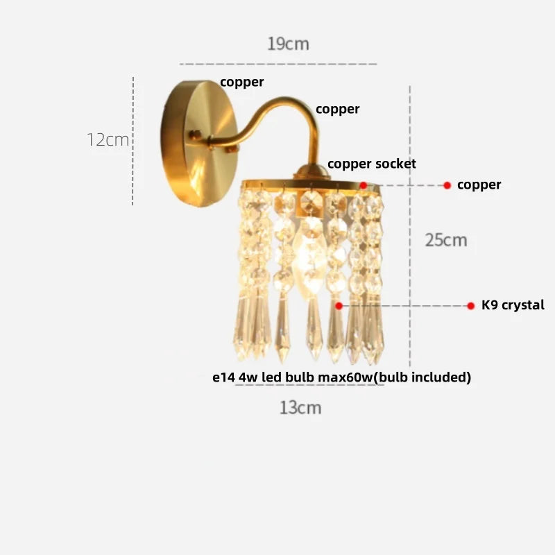 Afralia™ Crystal LED Wall Sconce Pull Chain Switch Brass Mirror Light