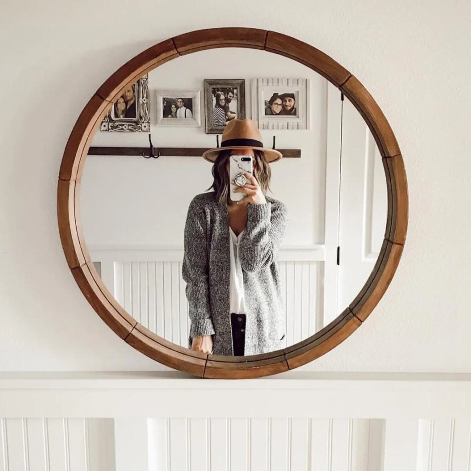 Afralia™ Wooden Round Decorative Mirror with Storage Rack