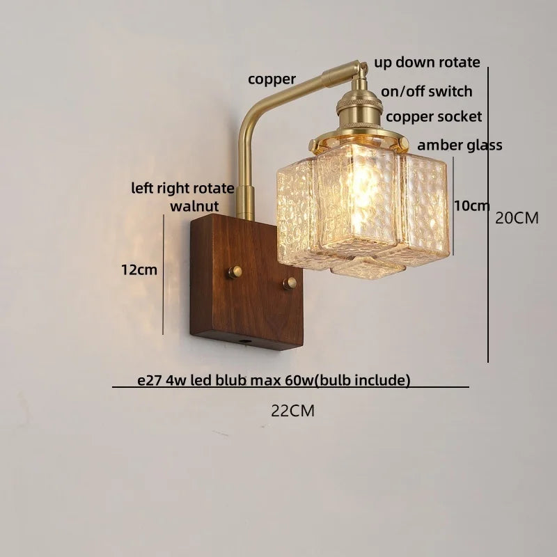 Afralia™ Amber Glass LED Wall Sconce with Walnut Wood, Pull Chain Switch for Living Room