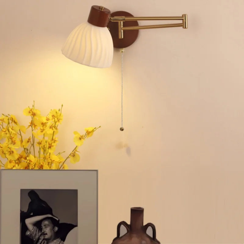 Afralia™ Walnut Wood LED Wall Sconce Pull Chain Switch Stair Light