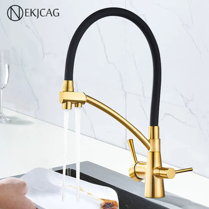 Afralia™ Brushed Gold Kitchen Faucet Pull Down with Pure Water Filter System