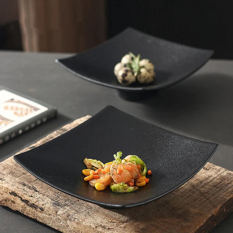 Afralia™ 7.5 Inch Square Black Matte Ceramic Dining Plate