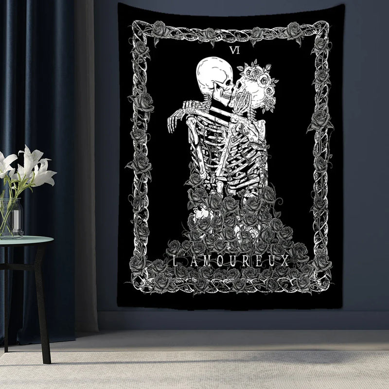 Afralia™ Lovers Skull Tapestry Wall Hanging Black White Romantic Skeleton Home Decor