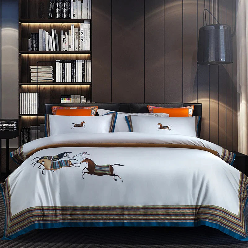 Afralia™ Galloping Horse Luxury Bedding Set 1400TC Egyptian Cotton Duvet Cover Sheet Pillowcases