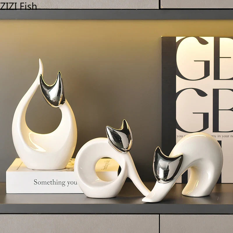 Afralia™ Ceramic Kitten Statue White Cat Sculpture Room Decor Aesthetics